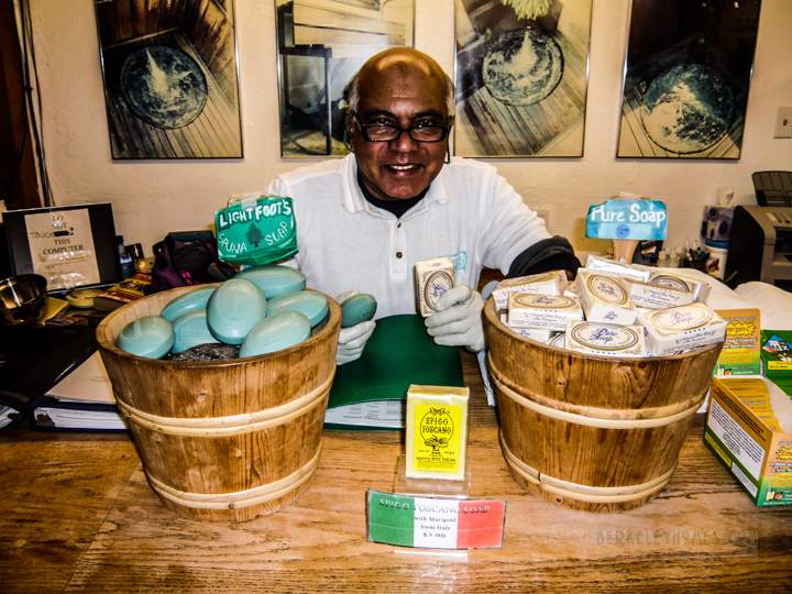 The friendly person at Albany Sauna - scented soaps in front of him