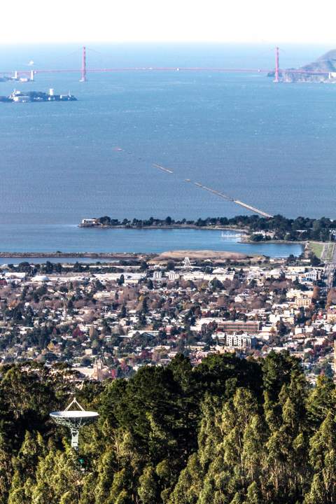 View of Berkeley Marina, San Francisco Bay, and the Golden Gate Bridge from Grizzly Peak in the Berkeley Hills