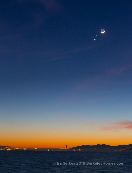 Crescent Moon Venus Mars setting over San Francisco Bay - Twilight Photo 2015-02-20