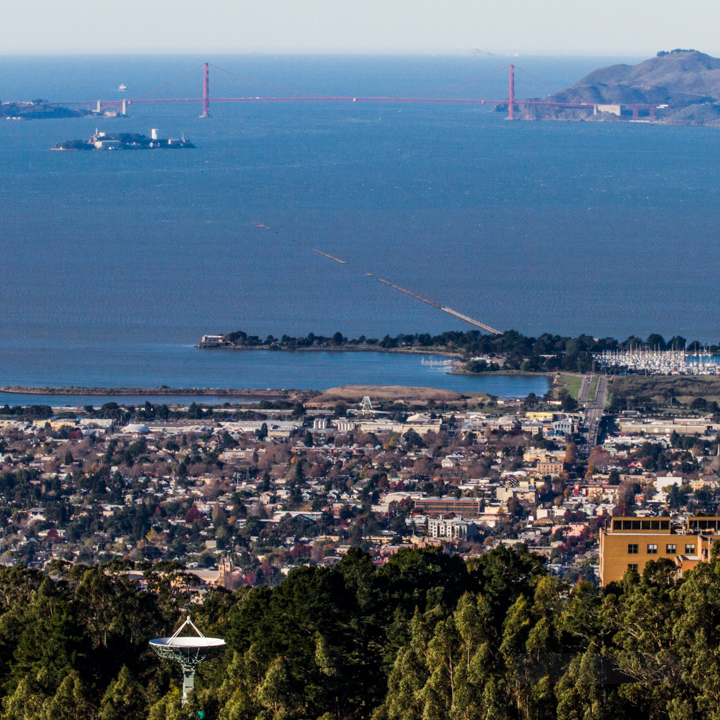 View of Golden Gate Bridge, Farrallon Islands, San Francisco Bay and Satellite Dish from the Berkeley Hills