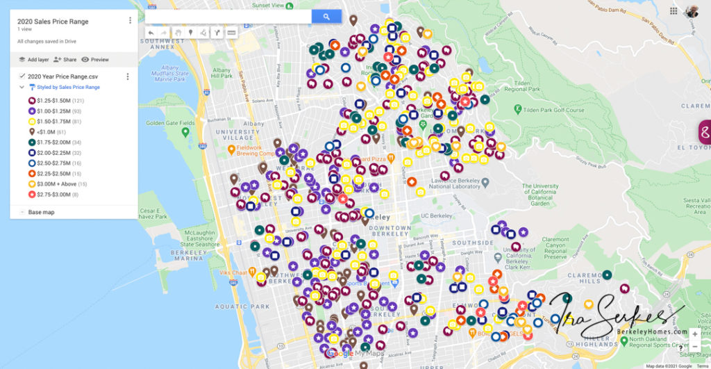 Map of Berkeley 2020 Home Sales color coded by sales price range