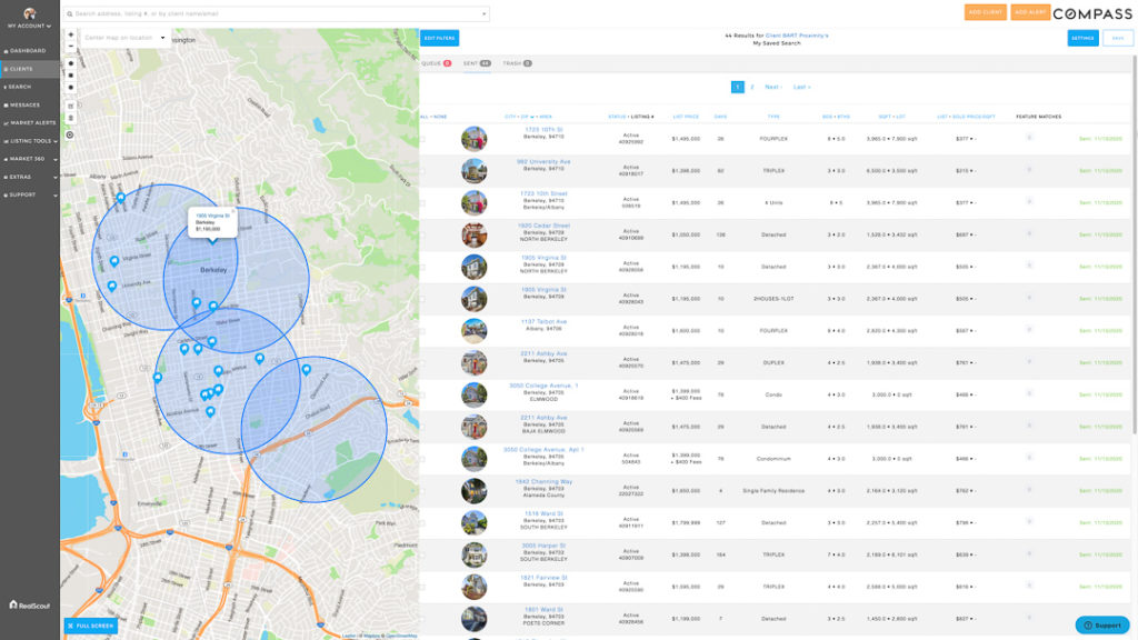 MLS Map Search showing how we search for homes near BART Stations - Table Showing Results