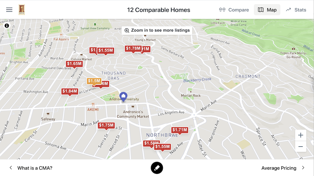 Map showing Berkeley sales prices of nearby homes