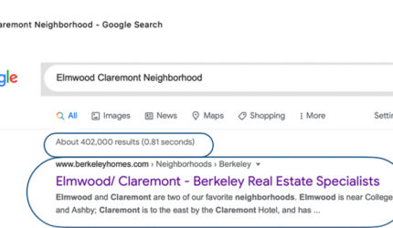 Google Shows BerkeleyHomes.com for Elmwood Claremont Neighborhood Searches