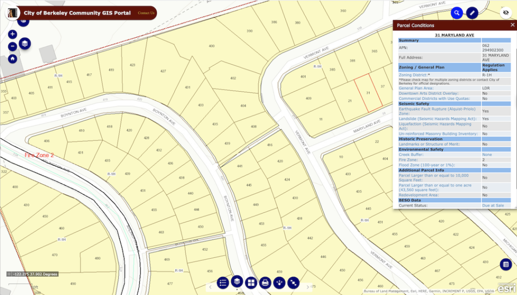 Berkeley Property Parcel Map showing Parcel Conditions, Fault Zones, Slide Areas and more