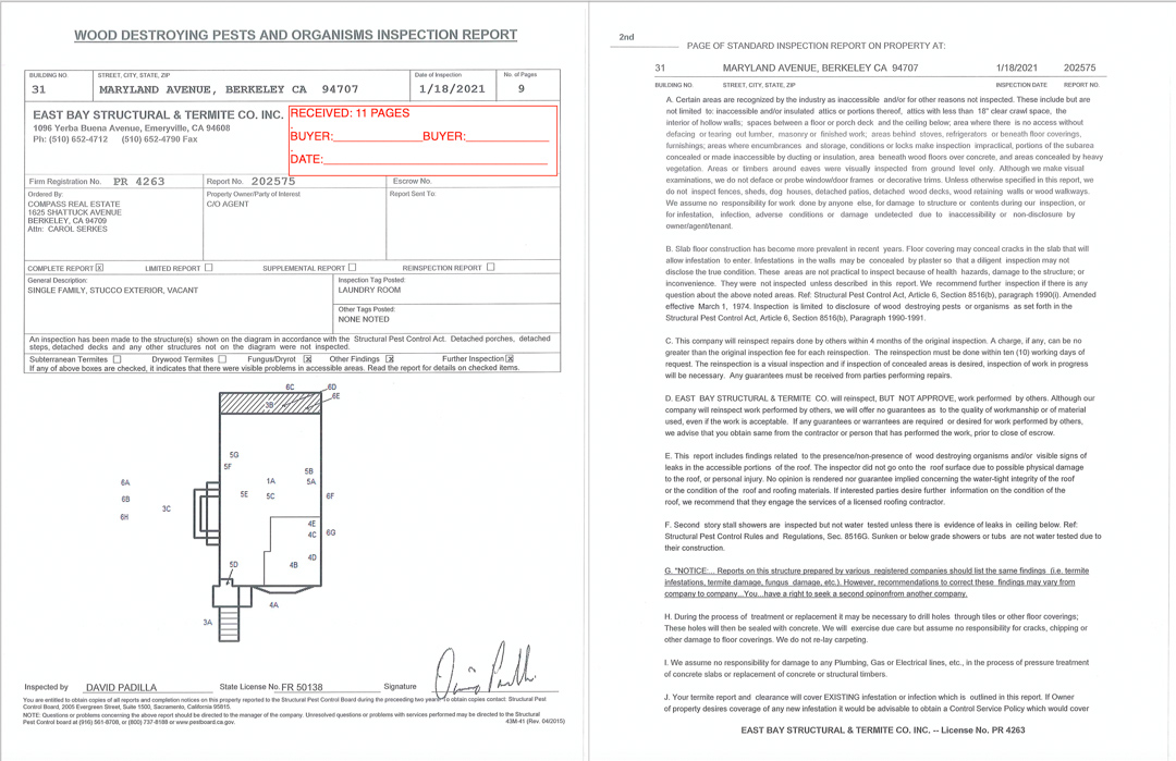 Pest Report Cover Page with diagram of the house