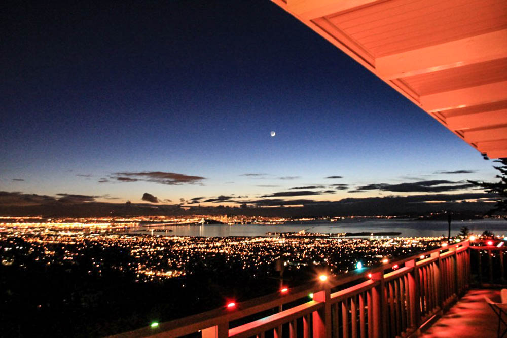 San Francisco, Bay, Bridge & Crescent Moon twilight view from Sterling in the Berkeley Hills